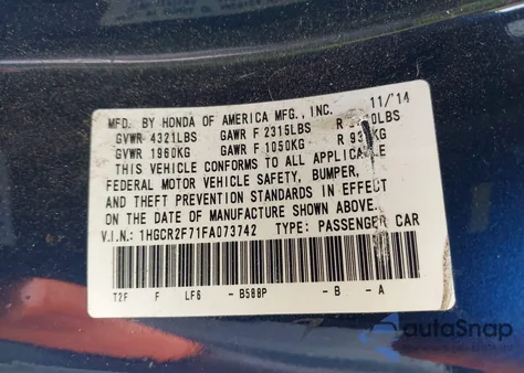 2015 Honda Accord Ex from USA, damaged, VIN 1HGCR2F71FA073742